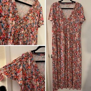 Boden Nicola Jersey Tea Tee Dress Maxi Bright Floral Cap Sleeves Ruffle Detail